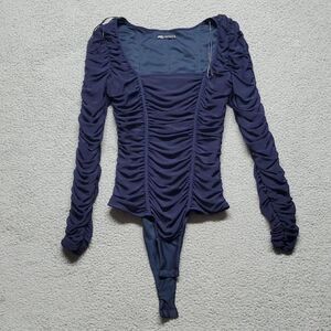 Zara Women's Navy Ruched Long-Sleeve Bodysuit Size XS